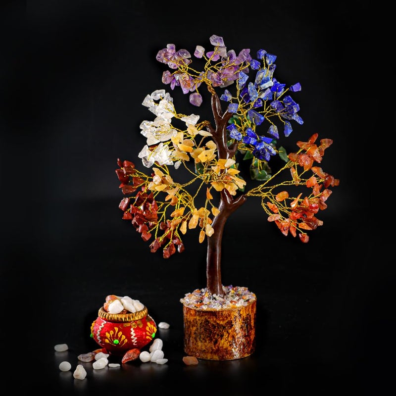 TOI SHOP Agate Gemstone Bonsai Money Tree for ShowpieceHome Decor Reiki Healing Good Luck Gift etc 300 Stone Beads Tree with Golden Wire 10in SizeSeven Chakra