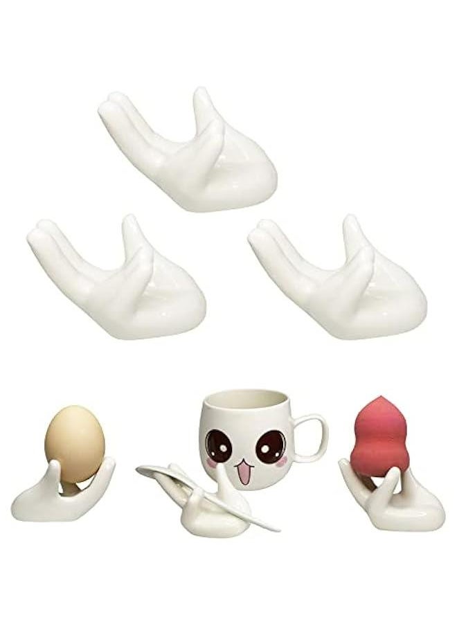 Beauenty Set of 3 Creative Ceramic Hand Shaped Egg Cup Holder Porcelain Egg Cup Easter Egg Display Stand for Hard Boiled Eggs(White)  - Image 2