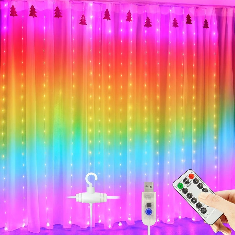 Gesto أضواء ستارة LED 5V مع 8 أوضاع تحكم عن بُعد، 300 ليد، أضواء خرافية مقاومة للماء تعمل بالطاقة عبر USB للغرفة، الجدار، الشرفة، الزفاف، الحفلات وزينة ديوالي، أضواء خلفية (متعددة الألوان، 9.8x9.8 قدم) - Image 1