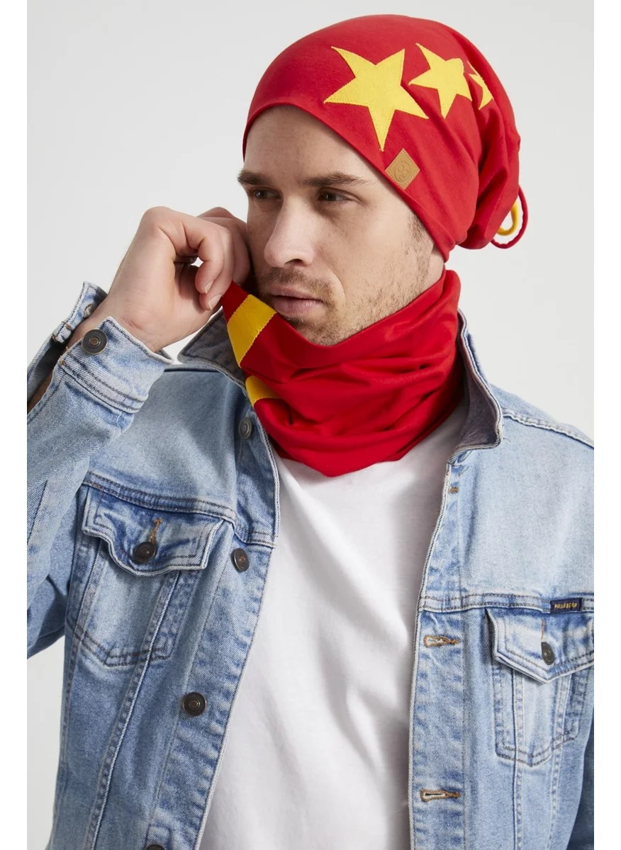Butikgiz Yellow Red Star Legendary Piece Drawstring 4 Season Hat Beanie Neck Collar Set Soft Combed Cotton