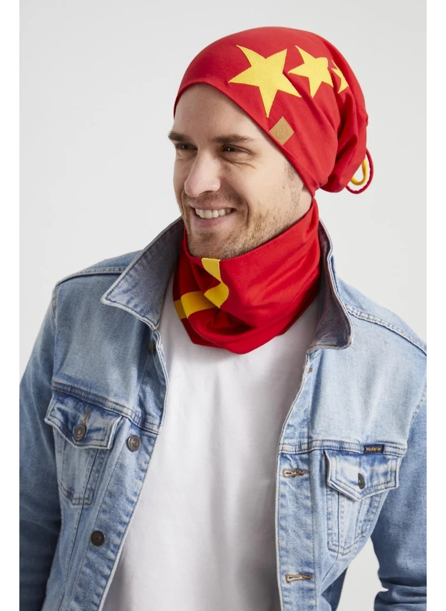 Butikgiz Yellow Red Star Legendary Piece Drawstring 4 Season Hat Beanie Neck Collar Set Soft Combed Cotton