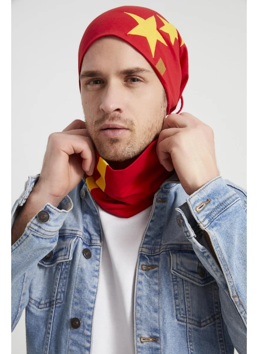 Butikgiz Yellow Red Star Legendary Piece Drawstring 4 Season Hat Beanie Neck Collar Set Soft Combed Cotton