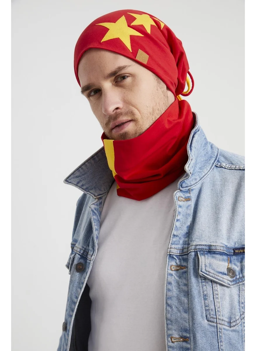 Butikgiz Yellow Red Star Legendary Piece Drawstring 4 Season Hat Beanie Neck Collar Set Soft Combed Cotton