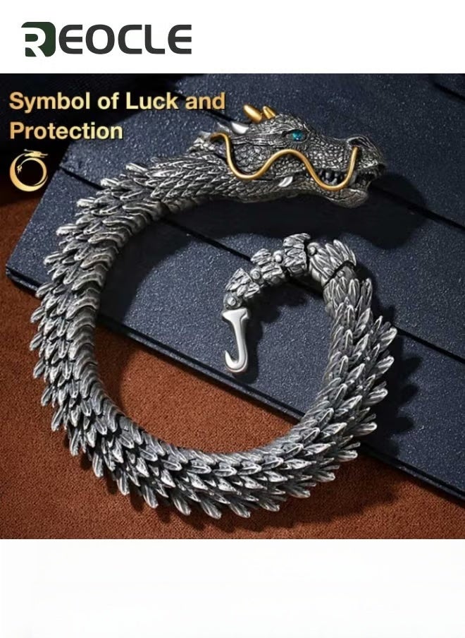Bracelet for Men with Dragon Head Ring Clasp Stainless Steel Bracelet Cuff Open Strong Amulet Jewellery Protection 23cm