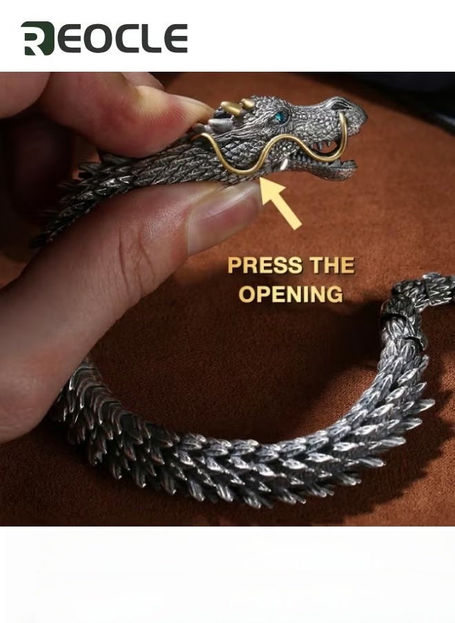 Bracelet for Men with Dragon Head Ring Clasp Stainless Steel Bracelet Cuff Open Strong Amulet Jewellery Protection 23cm