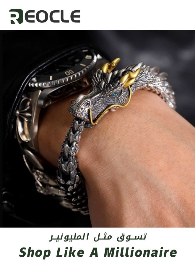 Bracelet for Men with Dragon Head Ring Clasp Stainless Steel Bracelet Cuff Open Strong Amulet Jewellery Protection 23cm
