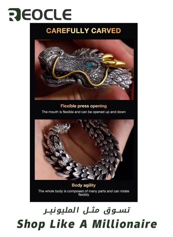 Bracelet for Men with Dragon Head Ring Clasp Stainless Steel Bracelet Cuff Open Strong Amulet Jewellery Protection 23cm