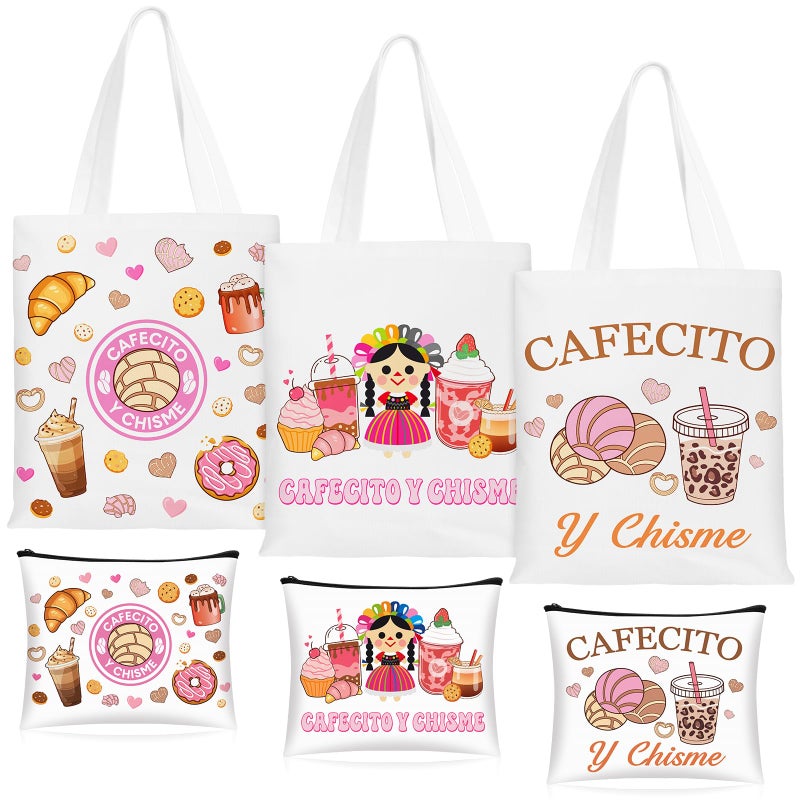 SilTriangle 6 Pcs Funny Cafecito Y Chisme Gifts Mexican Concha Coffee Tote Bags and Makeup Bags Set Mexican Latina Coffee Theme Gift for Women - Image 1