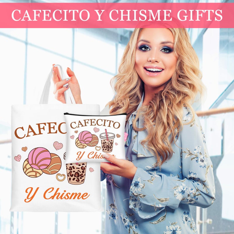 SilTriangle 6 Pcs Funny Cafecito Y Chisme Gifts Mexican Concha Coffee Tote Bags and Makeup Bags Set Mexican Latina Coffee Theme Gift for Women - Image 3