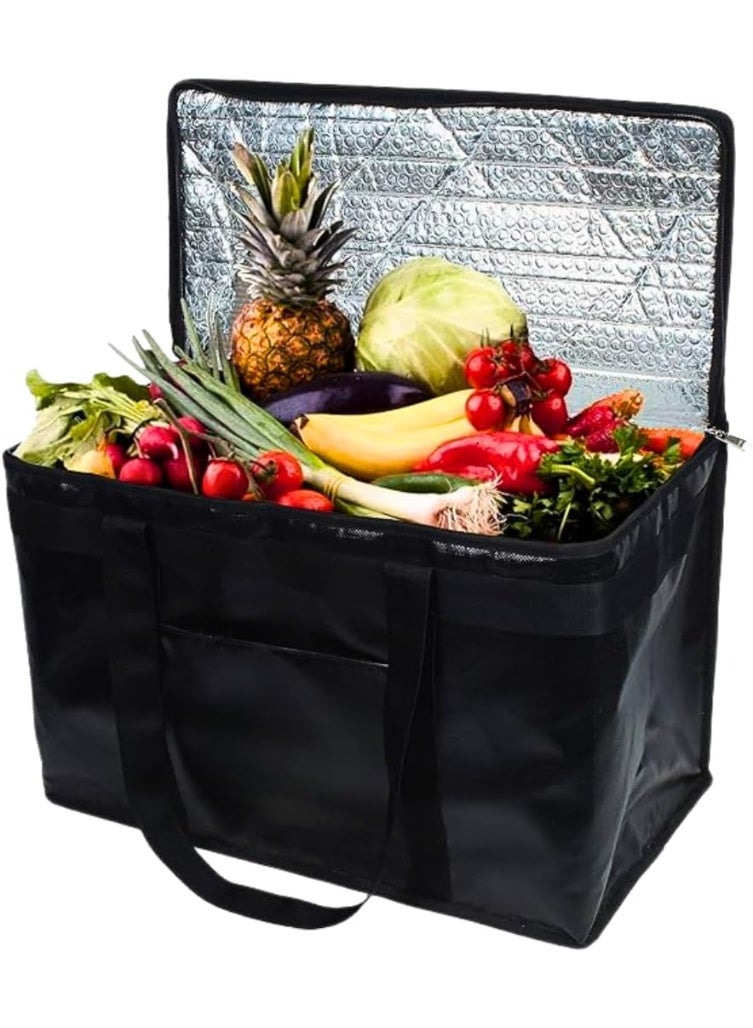 شنطة بقالة حرارية معزولة مقاس XXXL مقاس 60×37×35 سم، لون اسود مع سحاب علوي، شنطة تبريد قابلة للطي لتخزين الطعام الساخن والبارد والنزهات والسفر والتسوق - Image 5