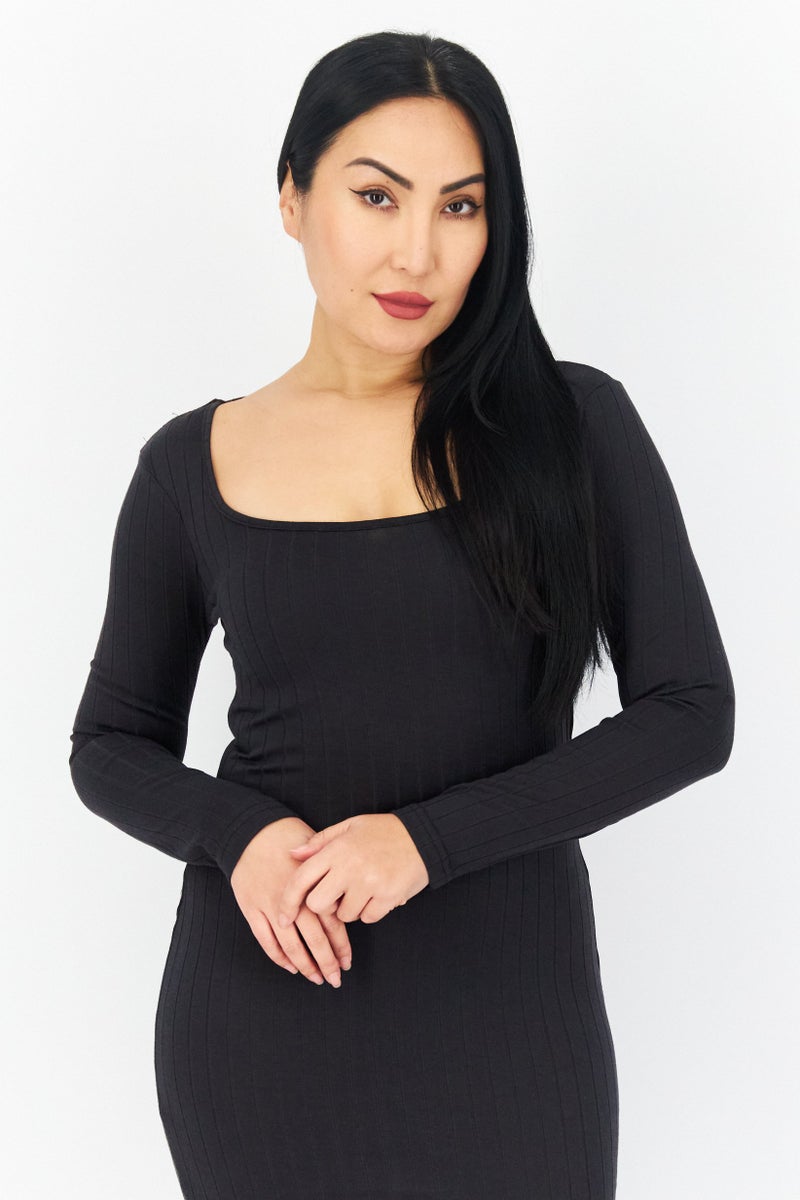 BRAVE SOUL Women Textured Midi Dress, Dark Grey - Image 4