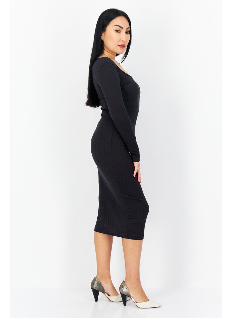 BRAVE SOUL Women Textured Midi Dress, Dark Grey - Image 5