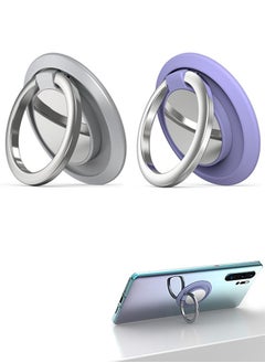 2 Pcs Magnetic Cell Phone Ring Holder, 360° Rotation Collapsible Mobile Phone Grip Stand Holder, Finger Ring Grip (Silver+Purple)