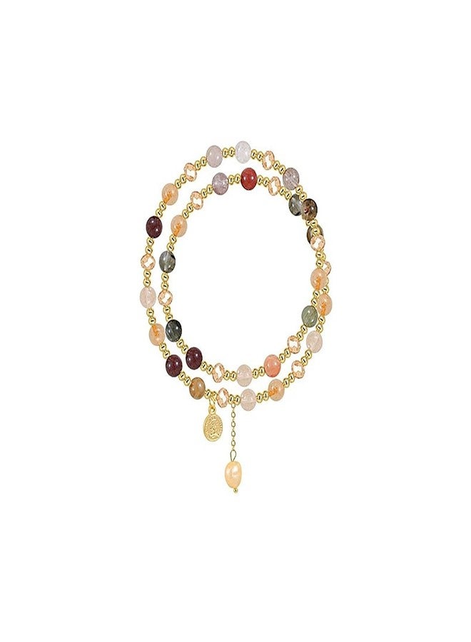 IS4U Double Layered Crystal Bead Bracelet Vintage Bead Pearl Tassel Bracelet Gold Bead Bracelets Trendy Double Layer Stacked Tassel Bracelets for Women (Multicolor) - Image 1