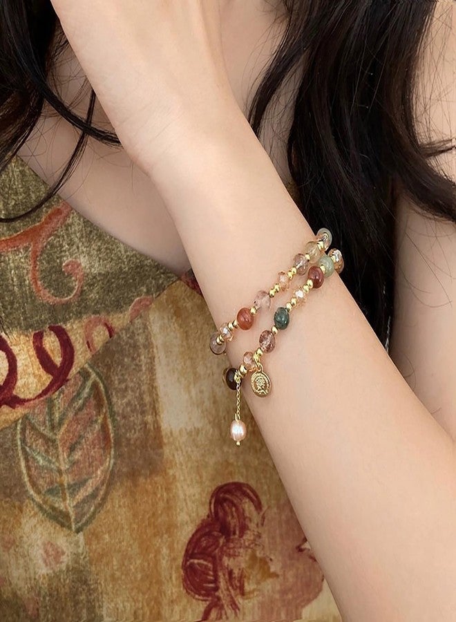 IS4U Double Layered Crystal Bead Bracelet Vintage Bead Pearl Tassel Bracelet Gold Bead Bracelets Trendy Double Layer Stacked Tassel Bracelets for Women (Multicolor) - Image 5