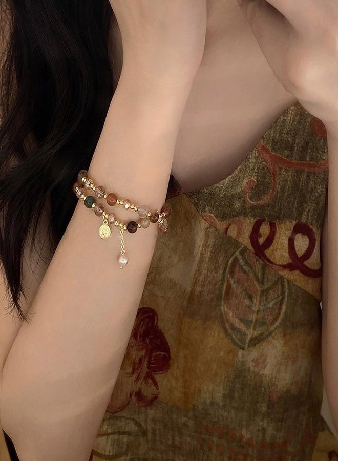 IS4U Double Layered Crystal Bead Bracelet Vintage Bead Pearl Tassel Bracelet Gold Bead Bracelets Trendy Double Layer Stacked Tassel Bracelets for Women (Multicolor) - Image 3