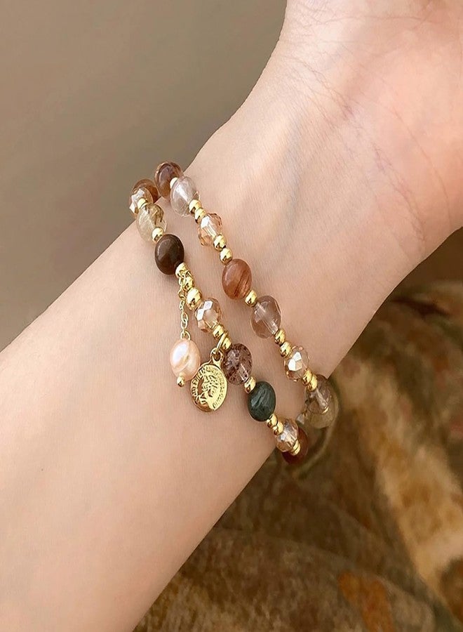 IS4U Double Layered Crystal Bead Bracelet Vintage Bead Pearl Tassel Bracelet Gold Bead Bracelets Trendy Double Layer Stacked Tassel Bracelets for Women (Multicolor) - Image 4