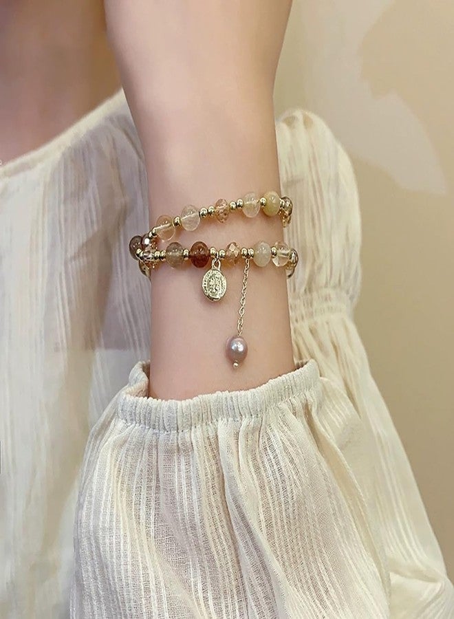 IS4U Double Layered Crystal Bead Bracelet Vintage Bead Pearl Tassel Bracelet Gold Bead Bracelets Trendy Double Layer Stacked Tassel Bracelets for Women (Multicolor) - Image 2