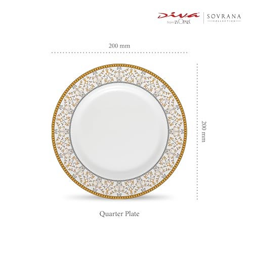 La Opala Diva Sovrana Collection Opal Glass Crockery | Quarter Plate Set of 6 Moroccan Gold | Side Plate for Snacking & Gifting | Microwave Safe | 100% Vegetarian | Extra Strong | Super Light & White - Image 2