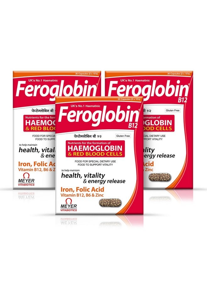 Feroglobin كبسولات فيروغلوبين ب12 لتكوين الهيموجلوبين وخلايا الدم الحمراء | حديد، حمض الفوليك، ب12، ب6 وزنك | حزمة مكونة من 3 (30 كبسولة لكل منها) - Image 1