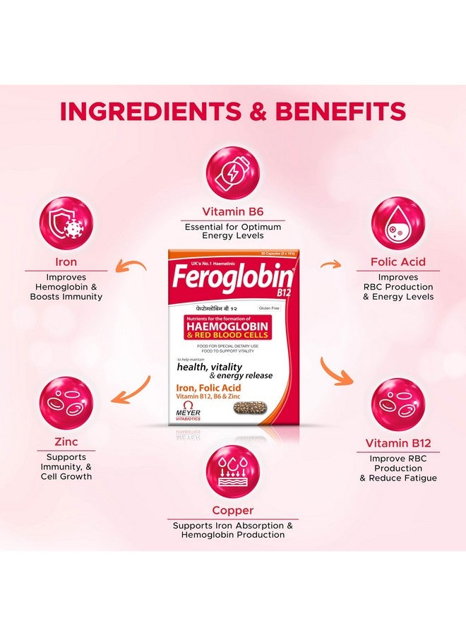 Feroglobin كبسولات فيروغلوبين ب12 لتكوين الهيموجلوبين وخلايا الدم الحمراء | حديد، حمض الفوليك، ب12، ب6 وزنك | حزمة مكونة من 3 (30 كبسولة لكل منها) - Image 3
