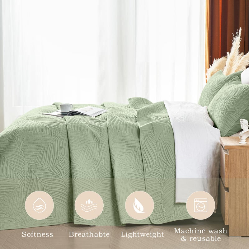 OARAGE Queen Quilt Bedding Set Soft Lightweight Sage Green Bedspread with Leaf Pattern,Ultrasonic Microfiber Bed Coverlet Full Size for All Season (1 Quilt, 2 Shams) - Image 3