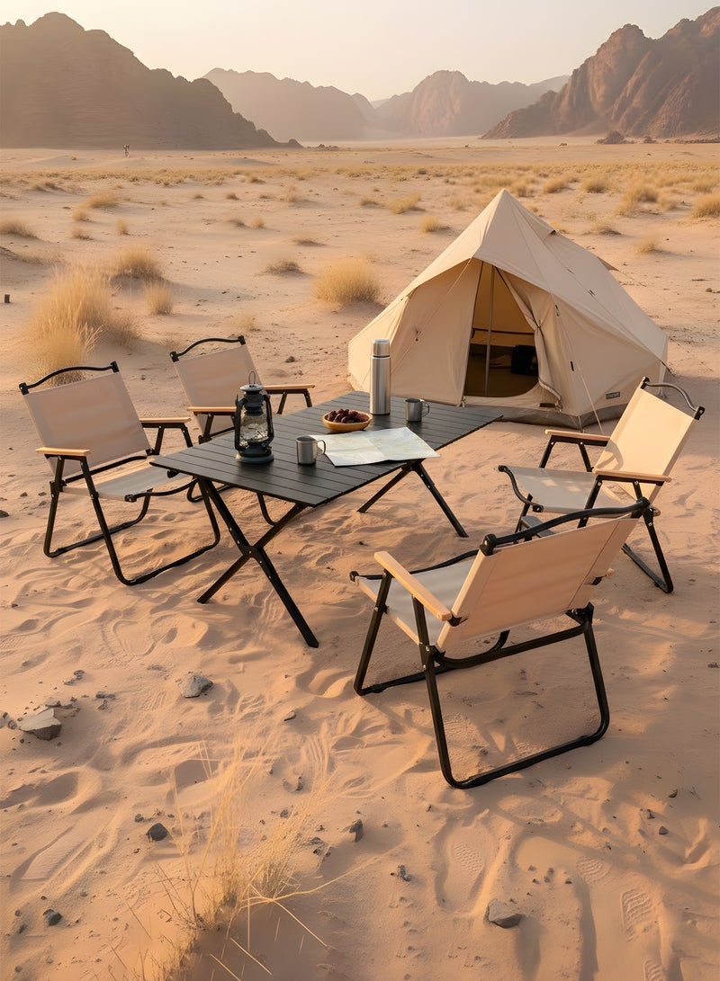 Taimi 5-Piece Camping Set | Portable Camping Table with 4 Chairs, Folding Black Table with Carrying Bag 90x60x45cm and 4 Beige Folding Chairs with Black Metal Frame & Armrests - Image 1