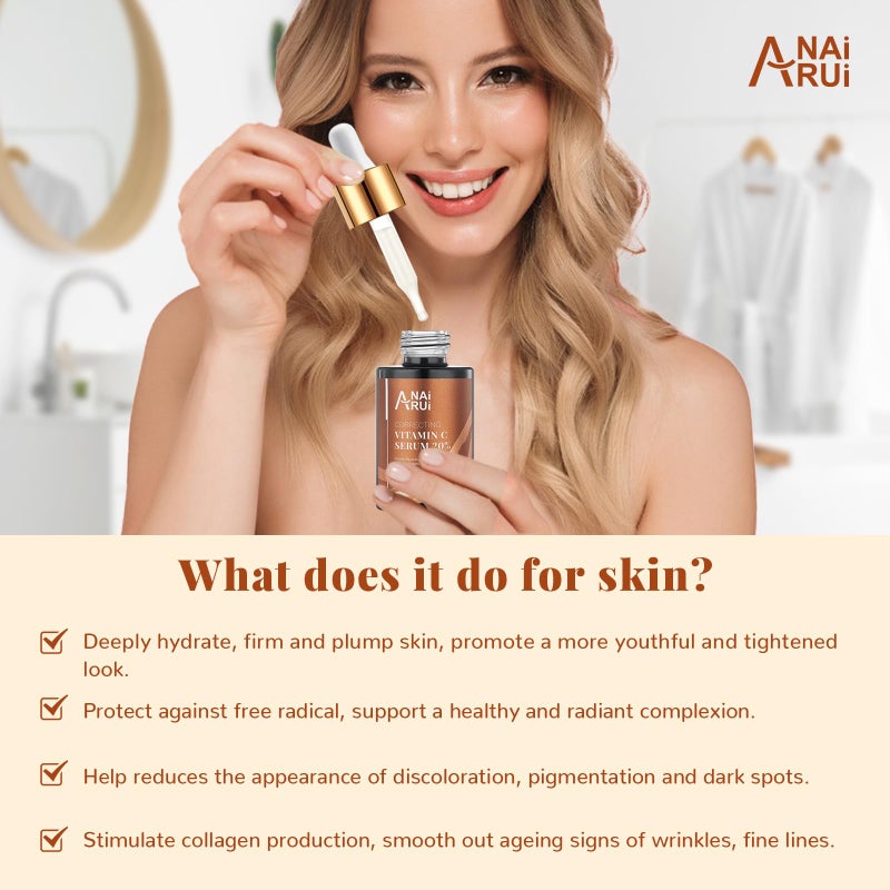 ANAI RUI ANAIRUI Vitamin C Serum 20%, with Hyaluronic Acid, Vitamin E, Reduce Fine Lines, Wrinkles,Dark Spots, Uneven Skin Tone 1.05 FL. OZ - Image 2