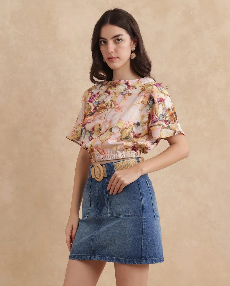 ريريزم Women's Boat Neck Floral Print Top