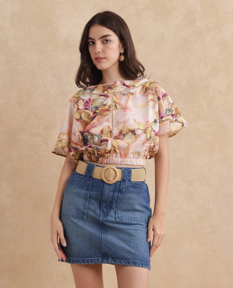 ريريزم Women's Boat Neck Floral Print Top