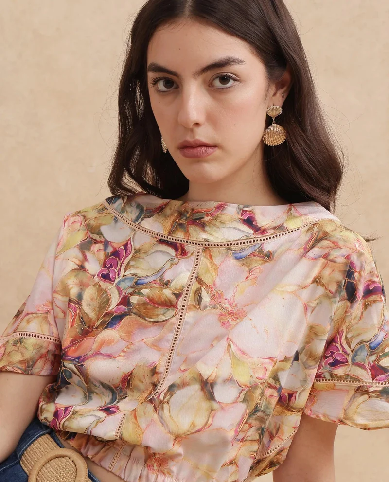 ريريزم Women's Boat Neck Floral Print Top