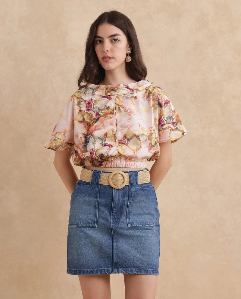 ريريزم Women's Boat Neck Floral Print Top