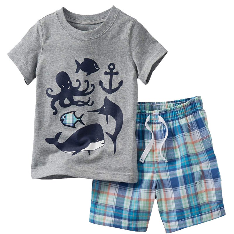 Bumeex Toddler Boy Summer Clothes,Grey Fish Short Sleeve T-Shirt and Shorts Outfit Set 5t - Image 1