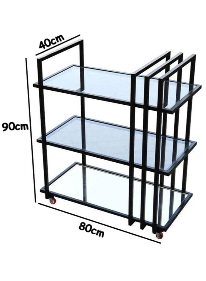 HOME TASTE TOMSUN Modern Kitchen Serving Cart - 1.3 Cm Metal Frame with Clear Glass Shelves, Black Metal + Clear Glass, 80 X 40 X 90 Cm  - Image 2