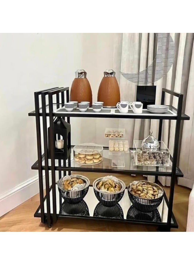 HOME TASTE TOMSUN Modern Kitchen Serving Cart - 1.3 Cm Metal Frame with Clear Glass Shelves, Black Metal + Clear Glass, 80 X 40 X 90 Cm  - Image 3