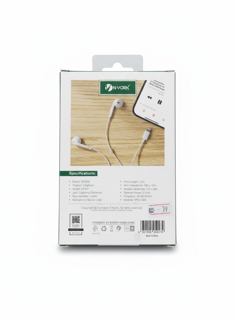 NYORK Wired Earphones – Stereo, HD Music, Lightning Connector, White - Image 2