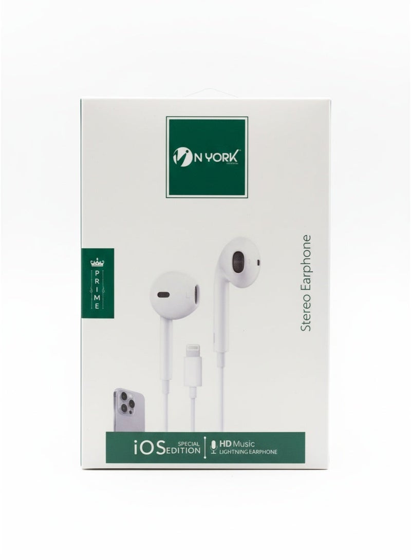 NYORK Wired Earphones – Stereo, HD Music, Lightning Connector, White - Image 1