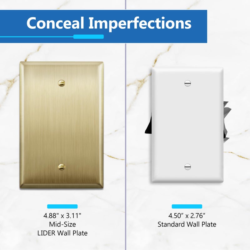 LIDER Blank Metal Wall Plate, Stainless Steel Blank Outlet Cover, Corrosion Resistant, Mid-Size 1-Gang 4.88" x 3.11", 201 Stainless Steel, LMWP-01M-BB, Brushed Brass - Image 3