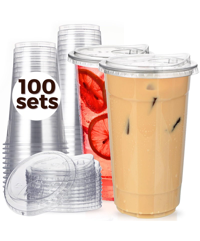 100 Pack 32 oz Clear Plastic Cups with StrawlessSipLids Disposable Cups Plastic Iced Coffee Cups To Go Cups with Sip Through Lids for Smoothie Milkshake Cold Drinks for Party Wedding Event