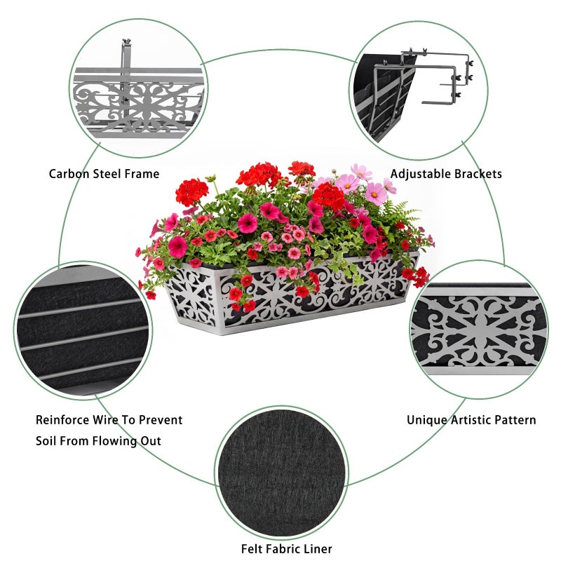 Karlliu 2 Pack 24 Inch Window Boxes Planter for Outdoor Plants Deck Railing Planters Box with Adjustable Brackets for Porch Fence Balcony Hanging Flower Baskets with Non-Woven Fabric Liner for Garden Decor - Image 3