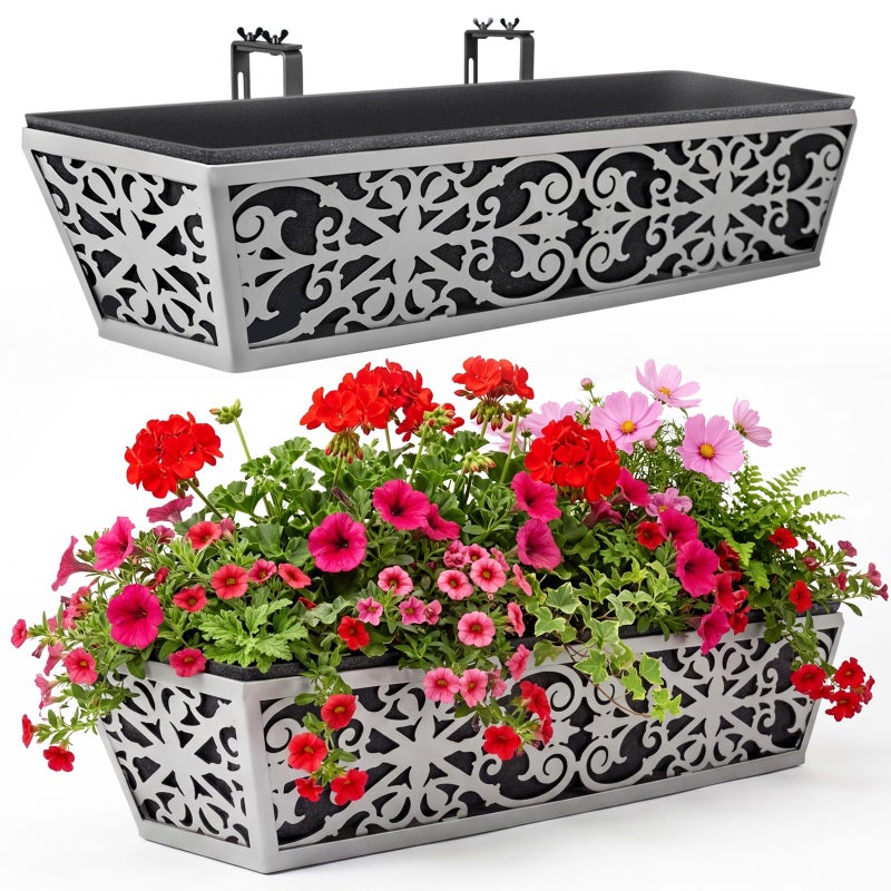 Karlliu 2 Pack 24 Inch Window Boxes Planter for Outdoor Plants Deck Railing Planters Box with Adjustable Brackets for Porch Fence Balcony Hanging Flower Baskets with Non-Woven Fabric Liner for Garden Decor - Image 1