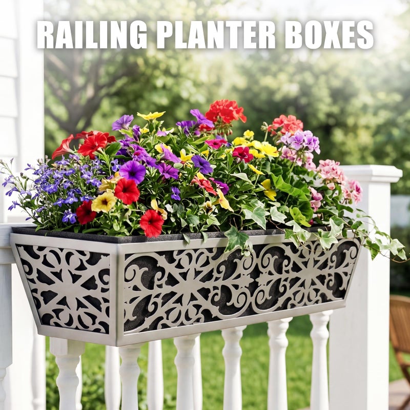 Karlliu 2 Pack 24 Inch Window Boxes Planter for Outdoor Plants Deck Railing Planters Box with Adjustable Brackets for Porch Fence Balcony Hanging Flower Baskets with Non-Woven Fabric Liner for Garden Decor - Image 2