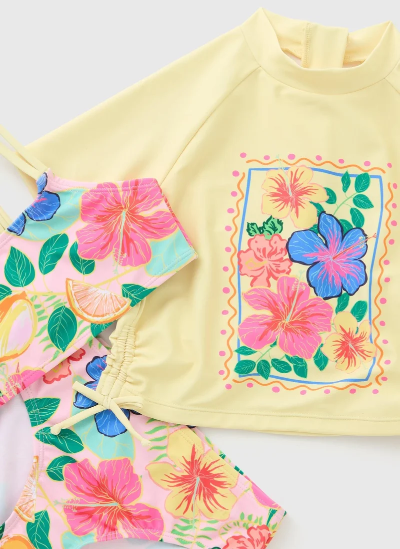 ماتلان 3 Piece Girls Yellow Hibiscus Flower Swim Set