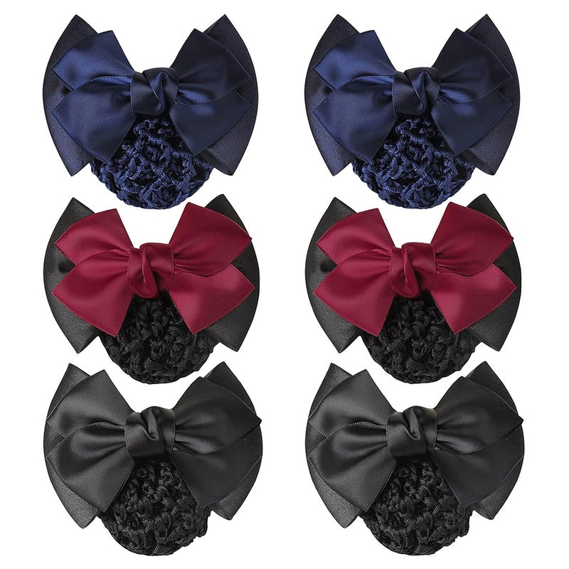 TXIN 6 Pieces Women Hair Snood Net Bowknot Decor Barrette Elastic Mesh Hair Bun Cover Satin Bow Crochet Hairnet Professional Hair Clip Hairpin for Women Girls Working Styling Accessories 3 Colors