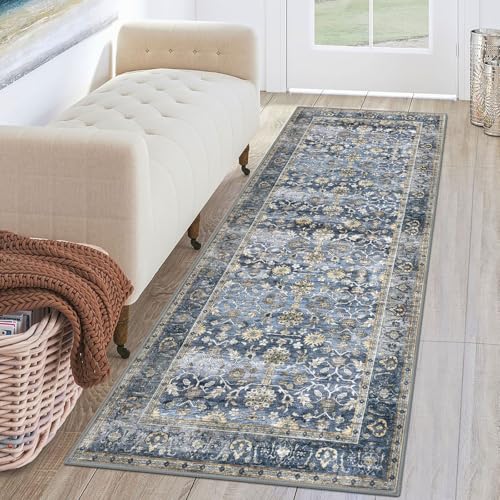 KUTA Vintage Washable Runner Rug 2x6 Blue Grey Beige Runners for Hallways NonSlip Kitchen Bathroom Rugs Ultra Thin Soft Printed Oriental Floral Floor Carpet for Laundry Bedroom Living Room Nursery - Image 1