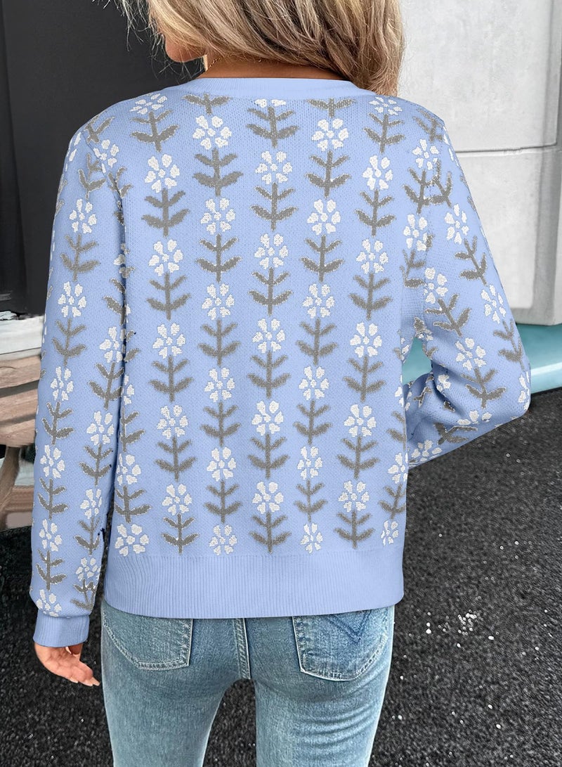 Sidefeel Women's Button Down Cardigan Sweater Long Sleeve Cute Printed Cropped Sweater Coats Sky Blue Medium - Image 3