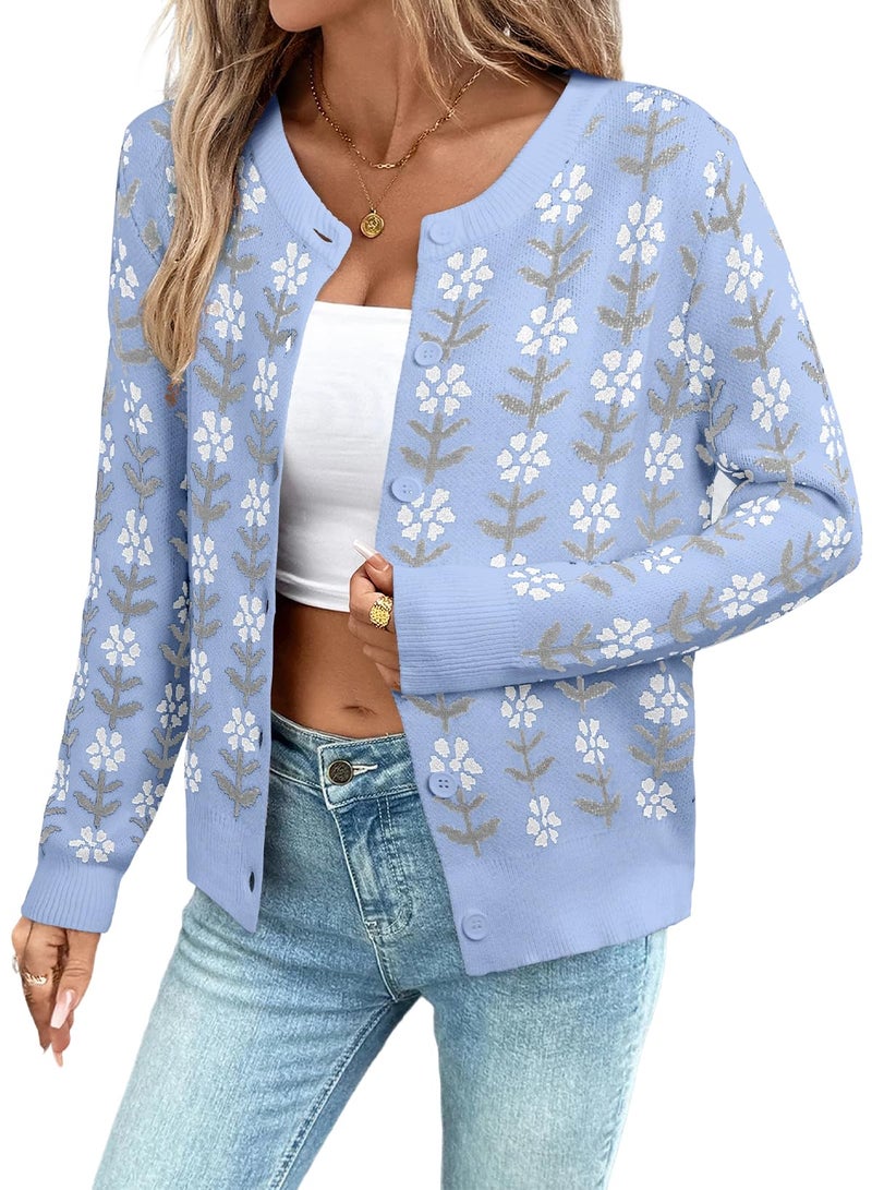 Sidefeel Women's Button Down Cardigan Sweater Long Sleeve Cute Printed Cropped Sweater Coats Sky Blue Medium - Image 1