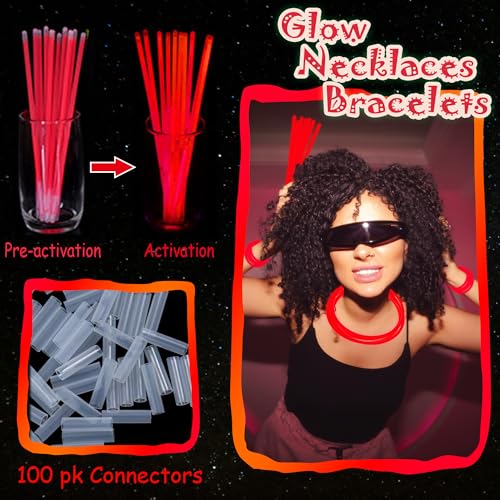 ILHSTY 100 Pcs 8'' Red Glow Sticks Glow Necklaces In The Dark Party Favors Supplies Bright GlowSticks Bulk with Accessories for Birthday Christmas New Year Halloween 4th of July Neon Party (Red*100) - Image 3