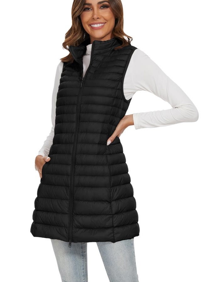 FlyGulls Long Down Vest for Women Lightweight Sleeveless Puffer Down Jacket for Winter, Black, XL - Image 1