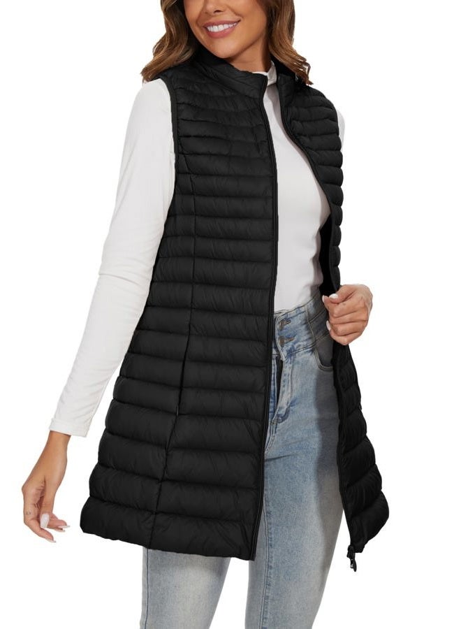 FlyGulls Long Down Vest for Women Lightweight Sleeveless Puffer Down Jacket for Winter, Black, XL - Image 3